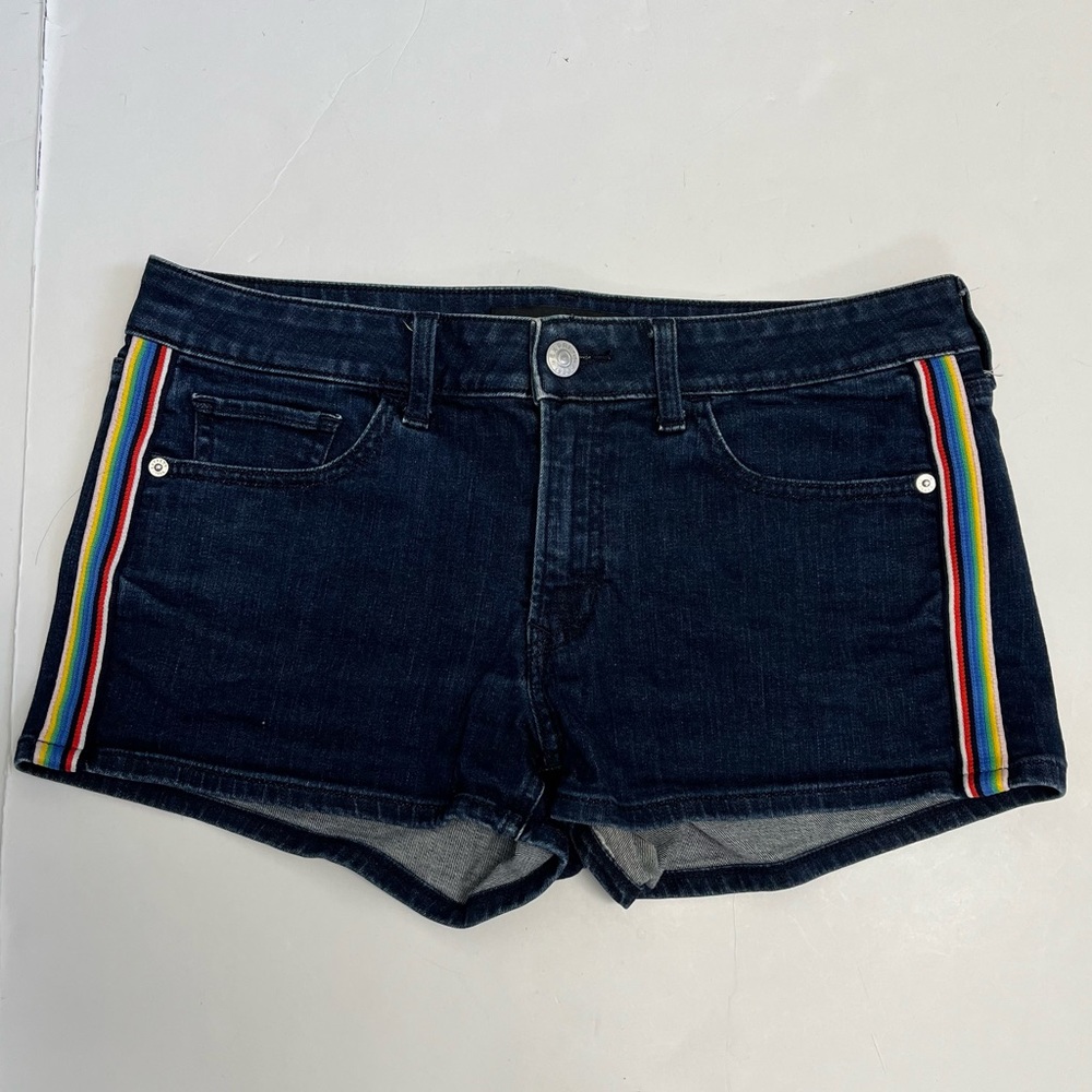 Express Denim Jean Shorts Size 6 Shortie Relaxed Low Rise Blue Rainbow